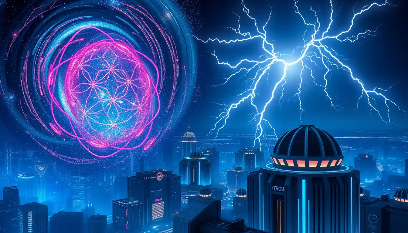 Futuristische Neonstadt, die in eine kosmische Galaxie übergeht