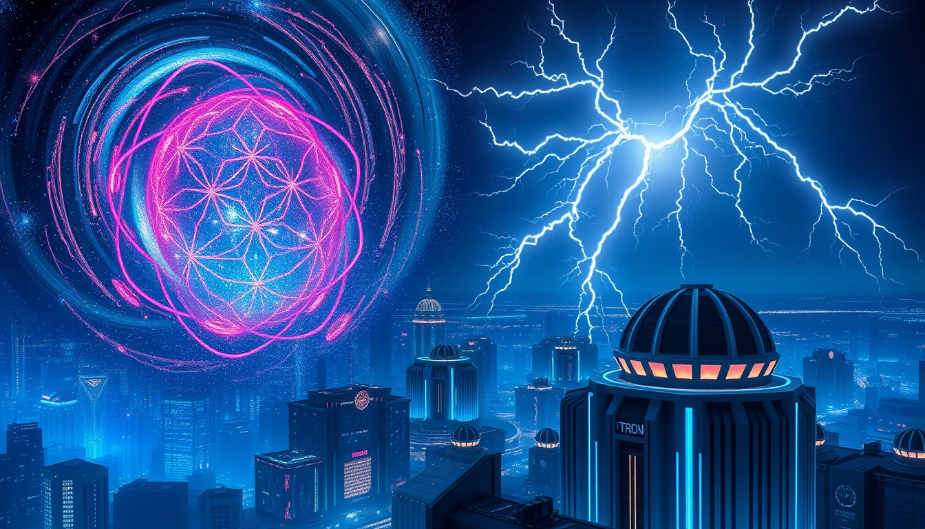 Futuristische Neonstadt, die in eine kosmische Galaxie übergeht