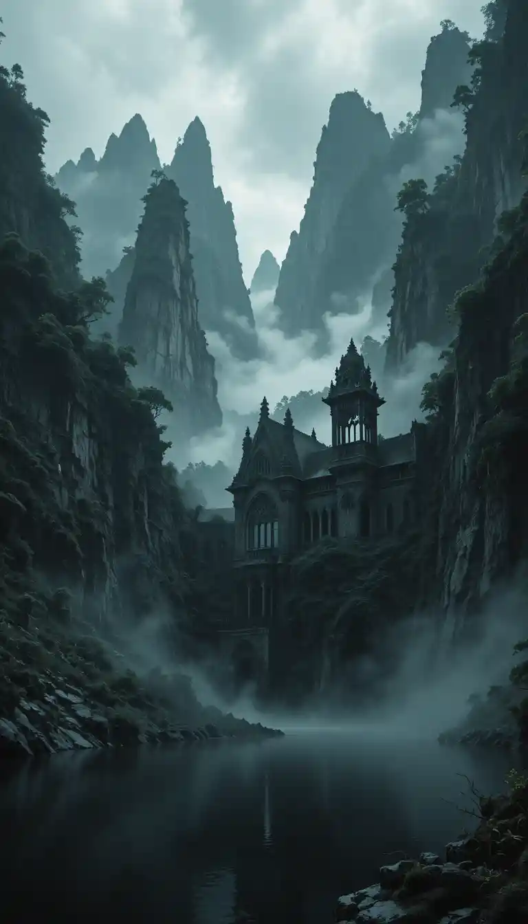 Paesaggio gotico oscuro con rovine, lago e montagne avvolte nella nebbia