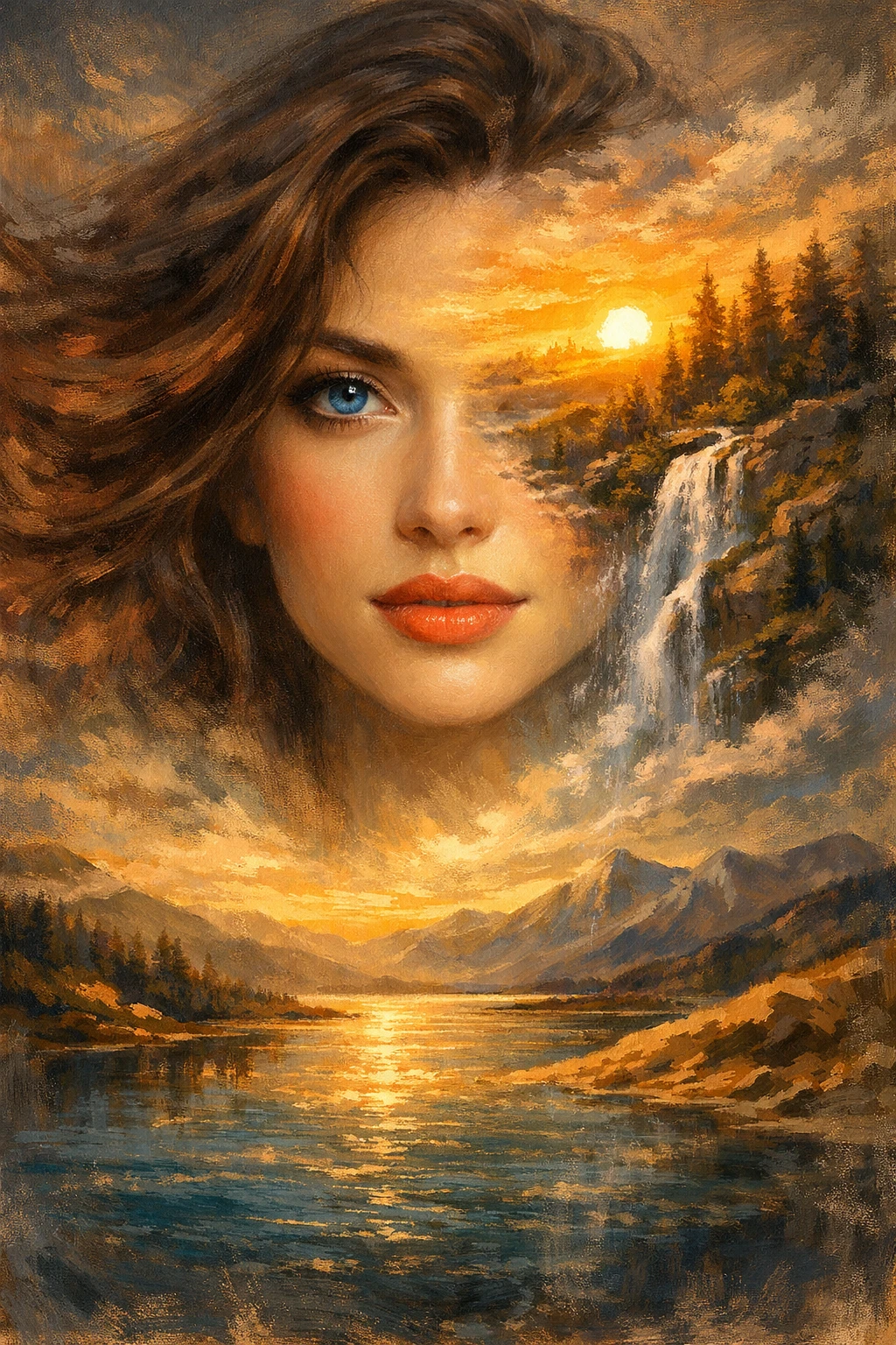 Surreal portrait of a woman merging with sunset landscape