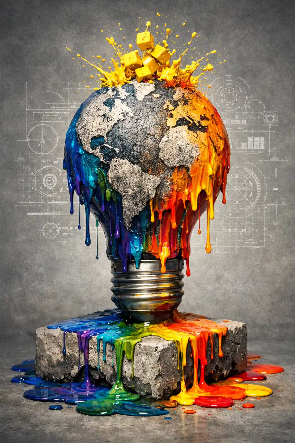 Surreal globe light bulb melting into rainbow paint