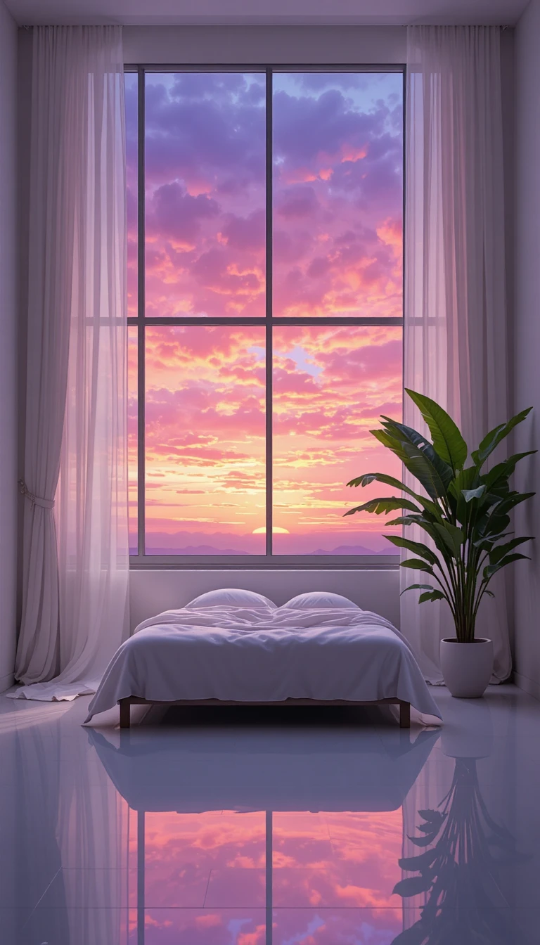 Chambre paisible avec vue sur le coucher de soleil et sol réfléchissant