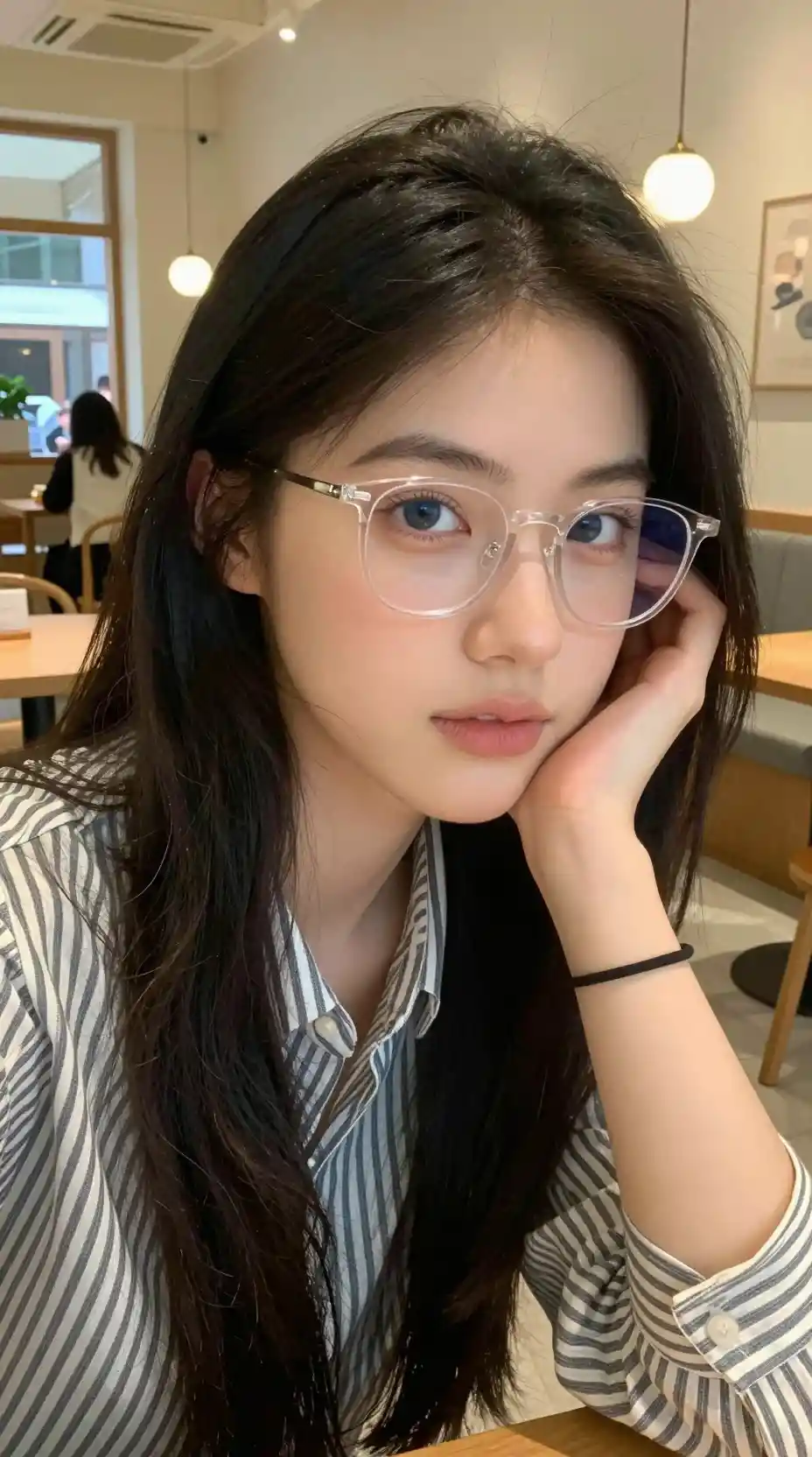 Young woman with glasses in a cozy cafe portrait