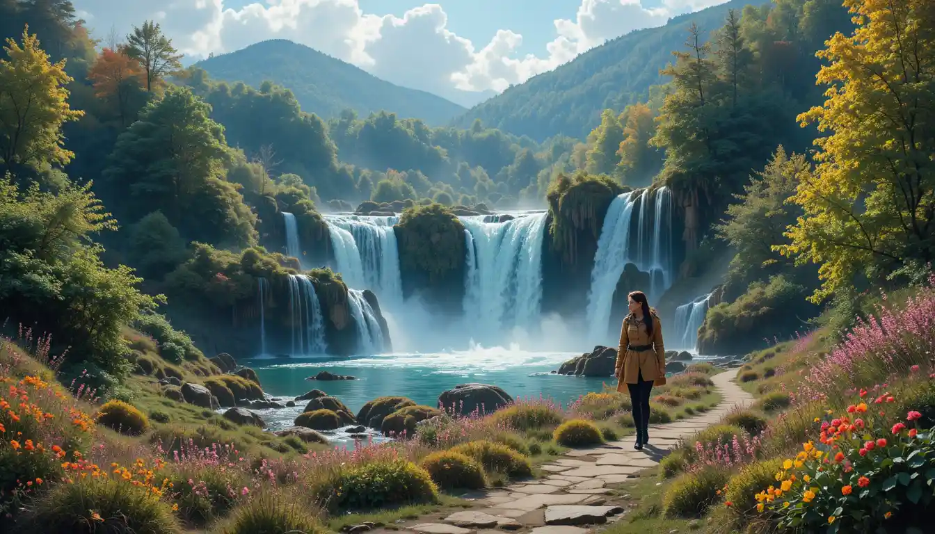 Smiling hiker near neon watercolor cascades in forest