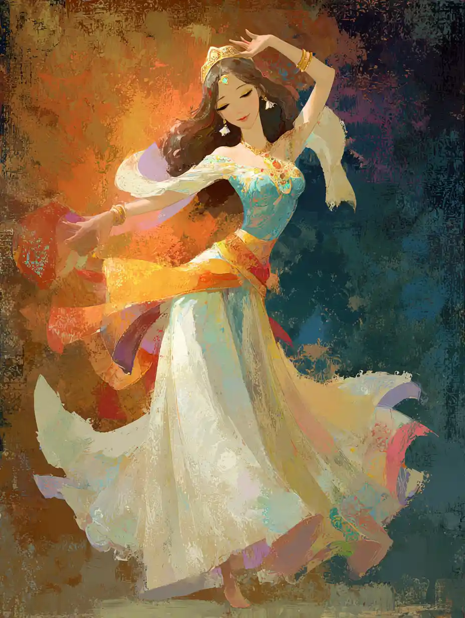 Graceful anime dancer inspired by Klimt in vivid colors