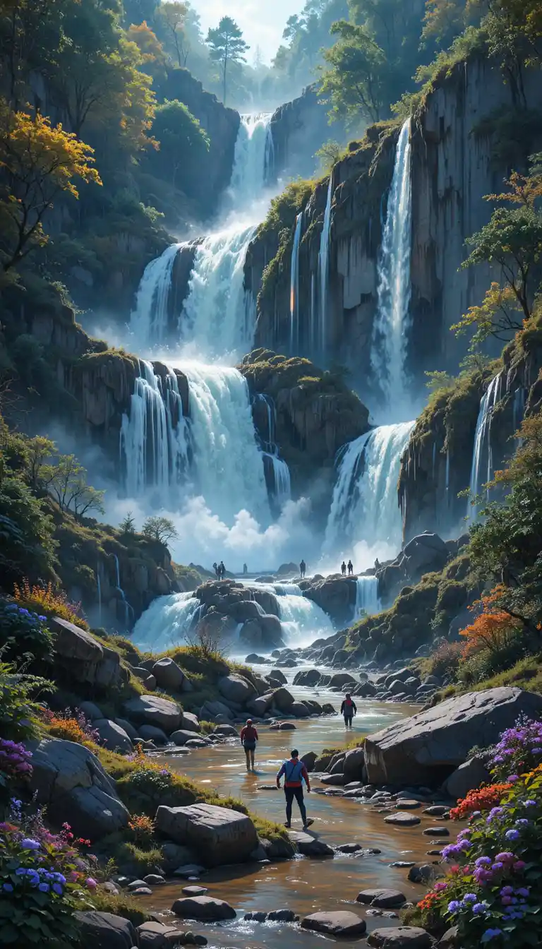 Vista ad acquerello neon delle Cascades du Hérisson
