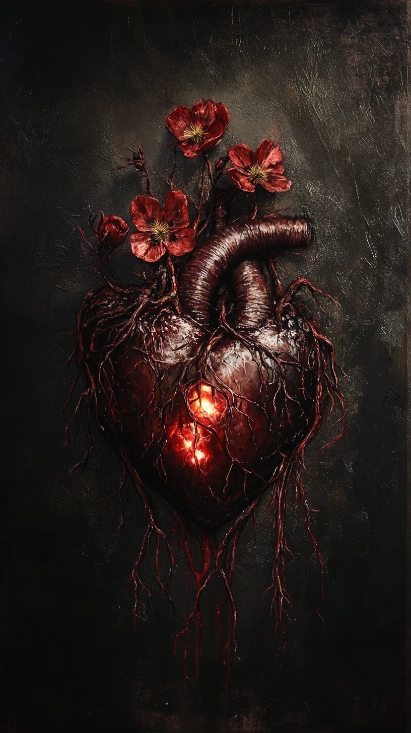 Corazón anatómico surreal entrelazado con formas botánicas carmesí oscuro