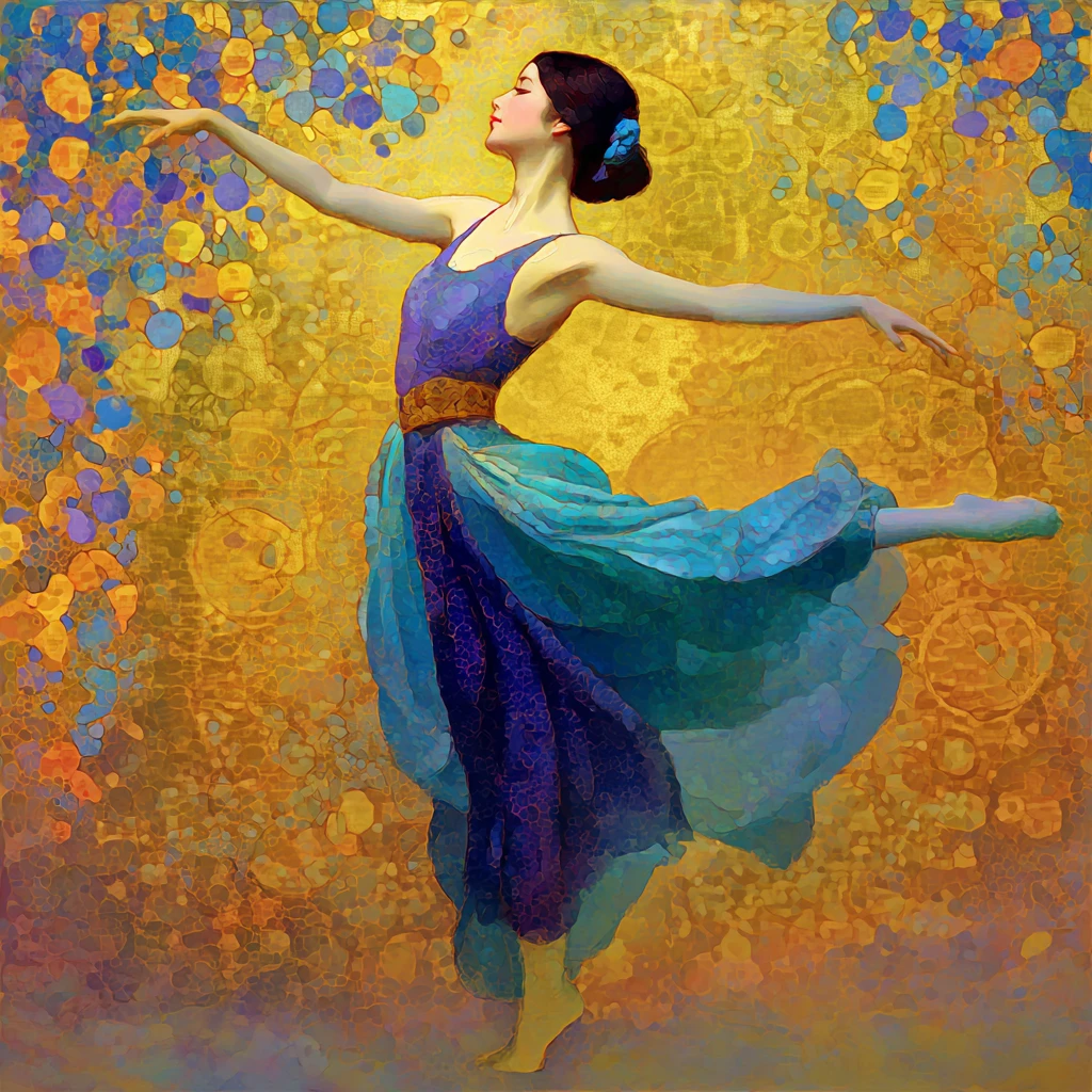 Elegante danzatrice anime in un dipinto stilizzato ispirato a Klimt