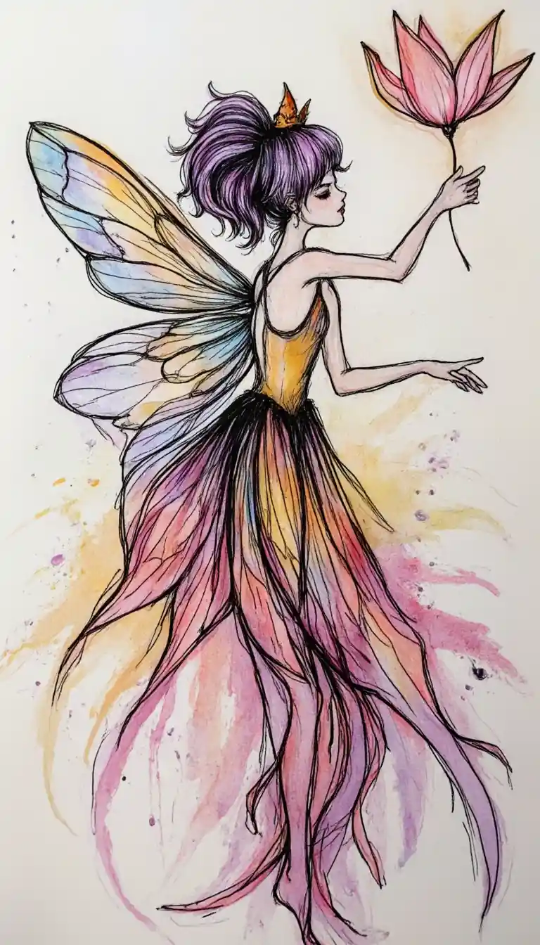 Mixed media fairy in soft colors with flowing abstract forms