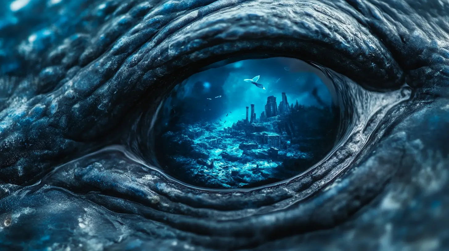 Extreme close up of a whale eye with underwater ruins