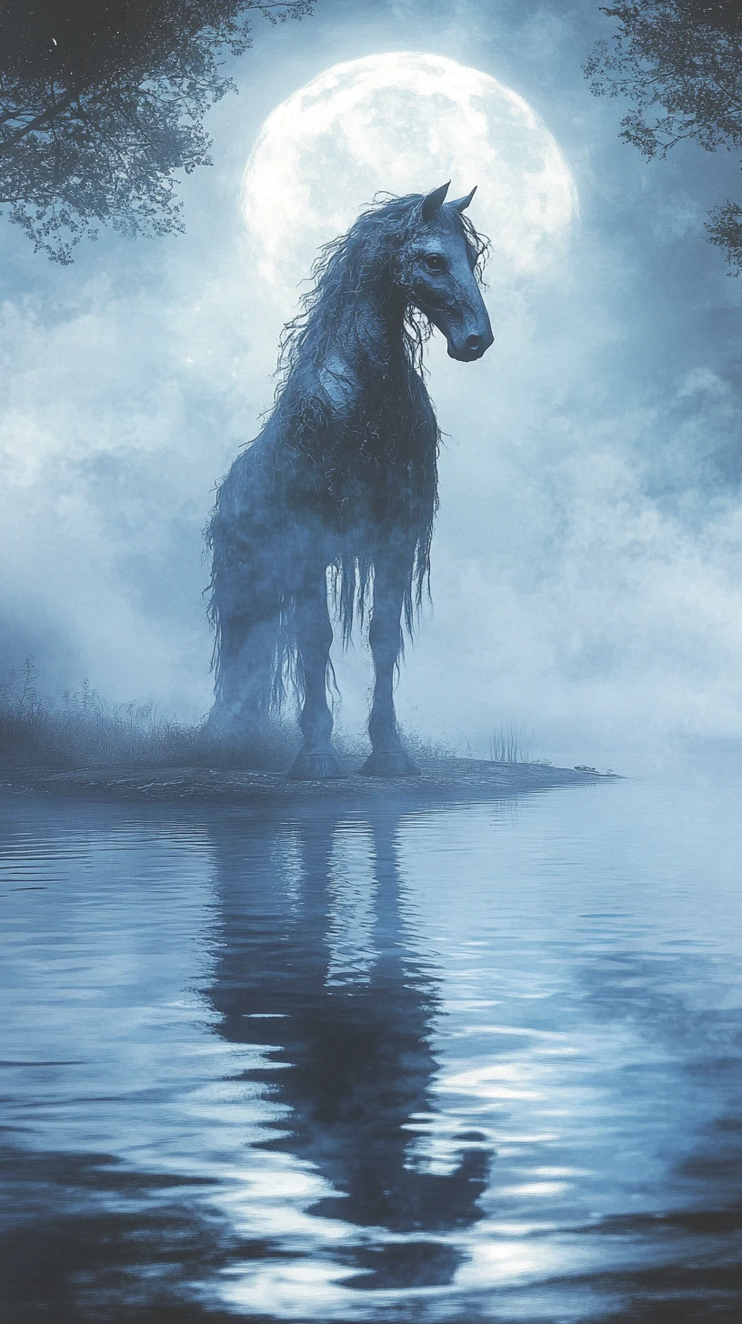Mystical water spirit kelpie by a moonlit Scottish lake