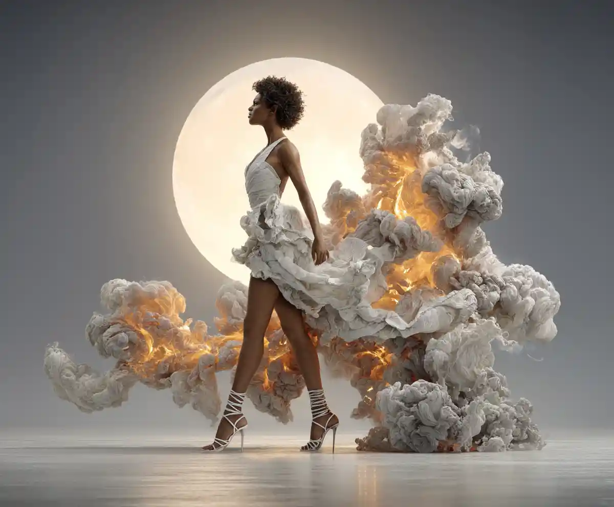 Woman In Flowing Cloud Dress Before Glowing Sun