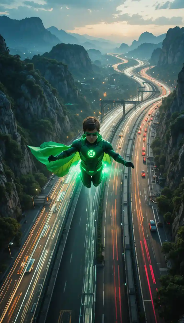 Bambino supereroe che fluttua sopra un'autostrada futuristica luminosa