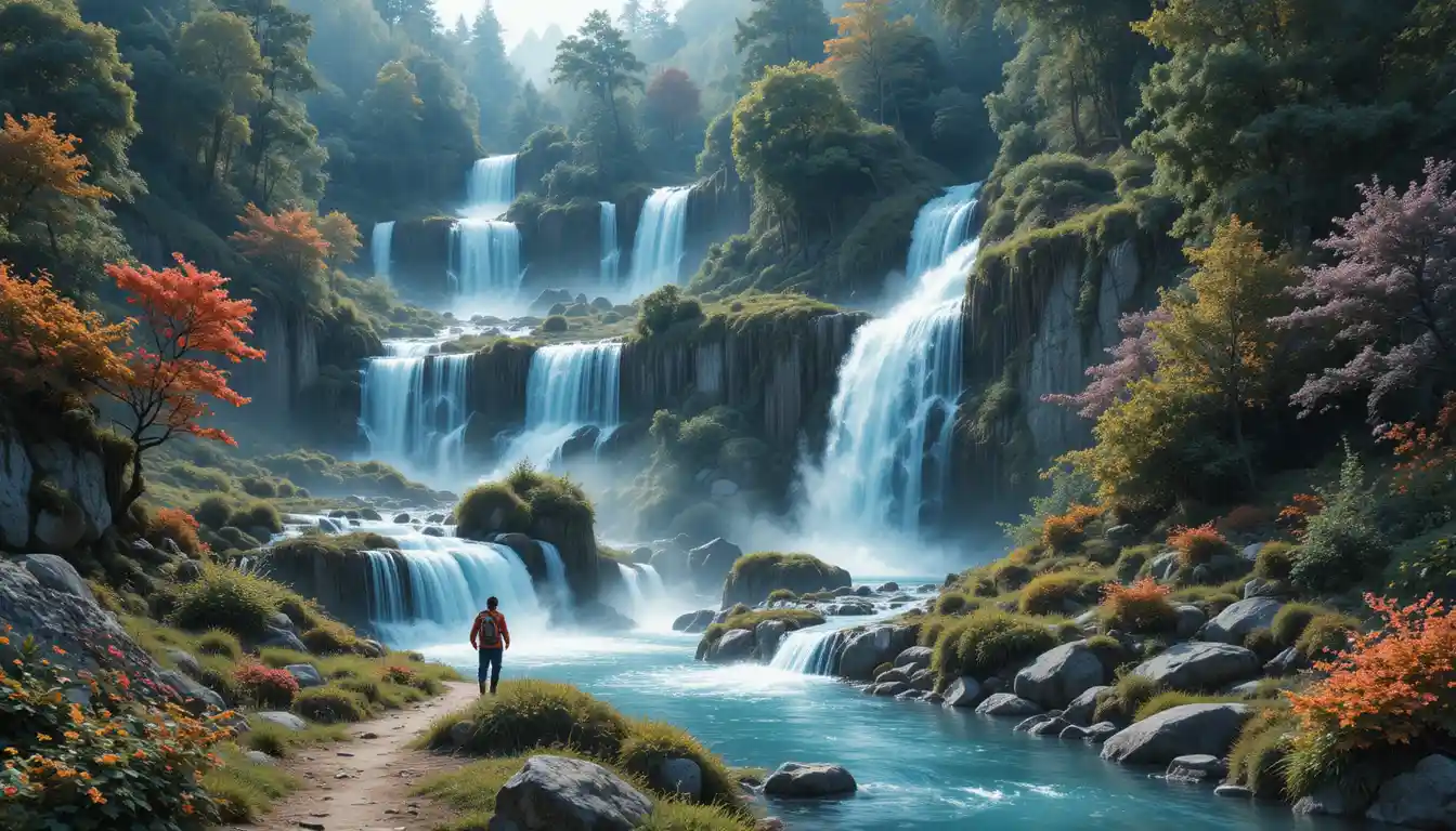Cascate fantasy al neon in un rigoglioso paesaggio di foresta
