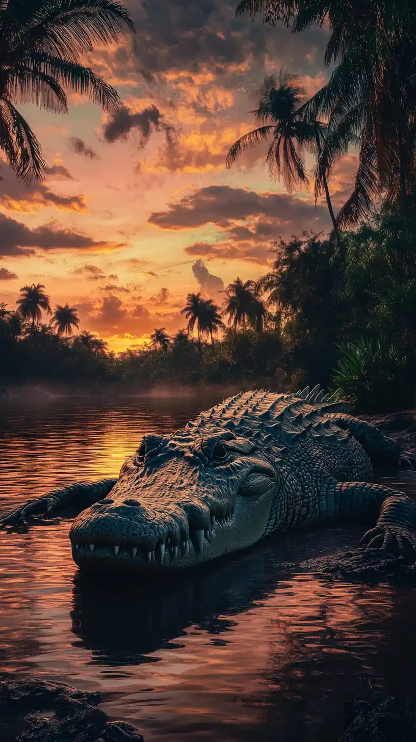 Crocodile Resting By Jungle River At Twilight