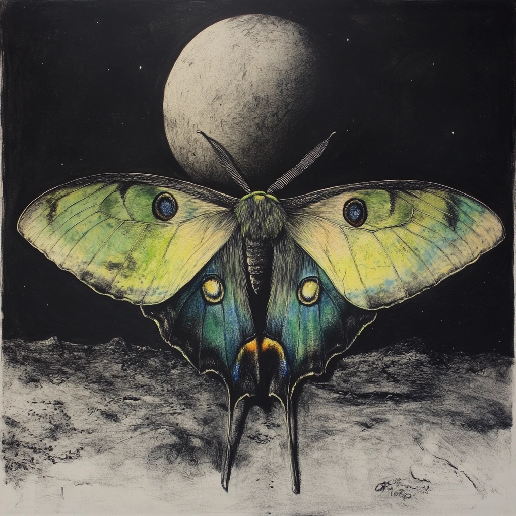 Surrealer Luna-Mondfalter über einer graustufigen Mondlandschaft