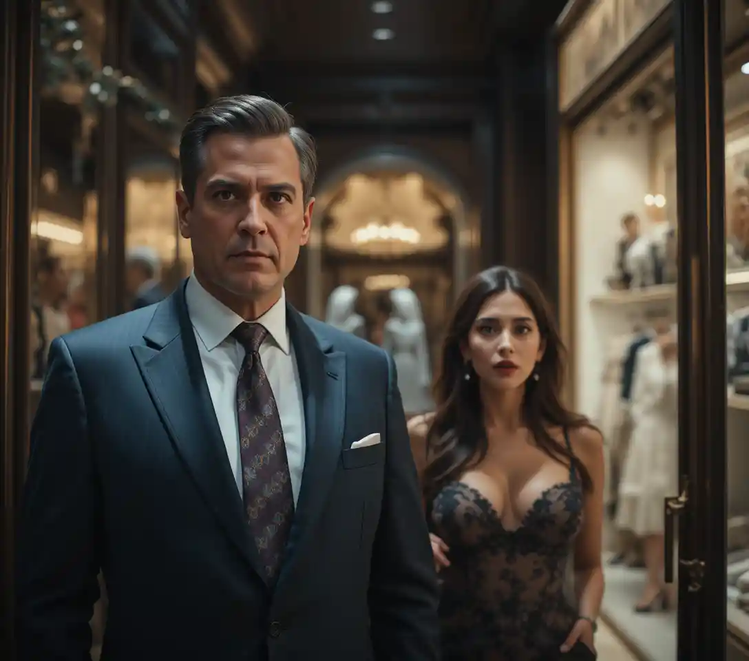Dramatic encounter in a luxury boutique with tense characters