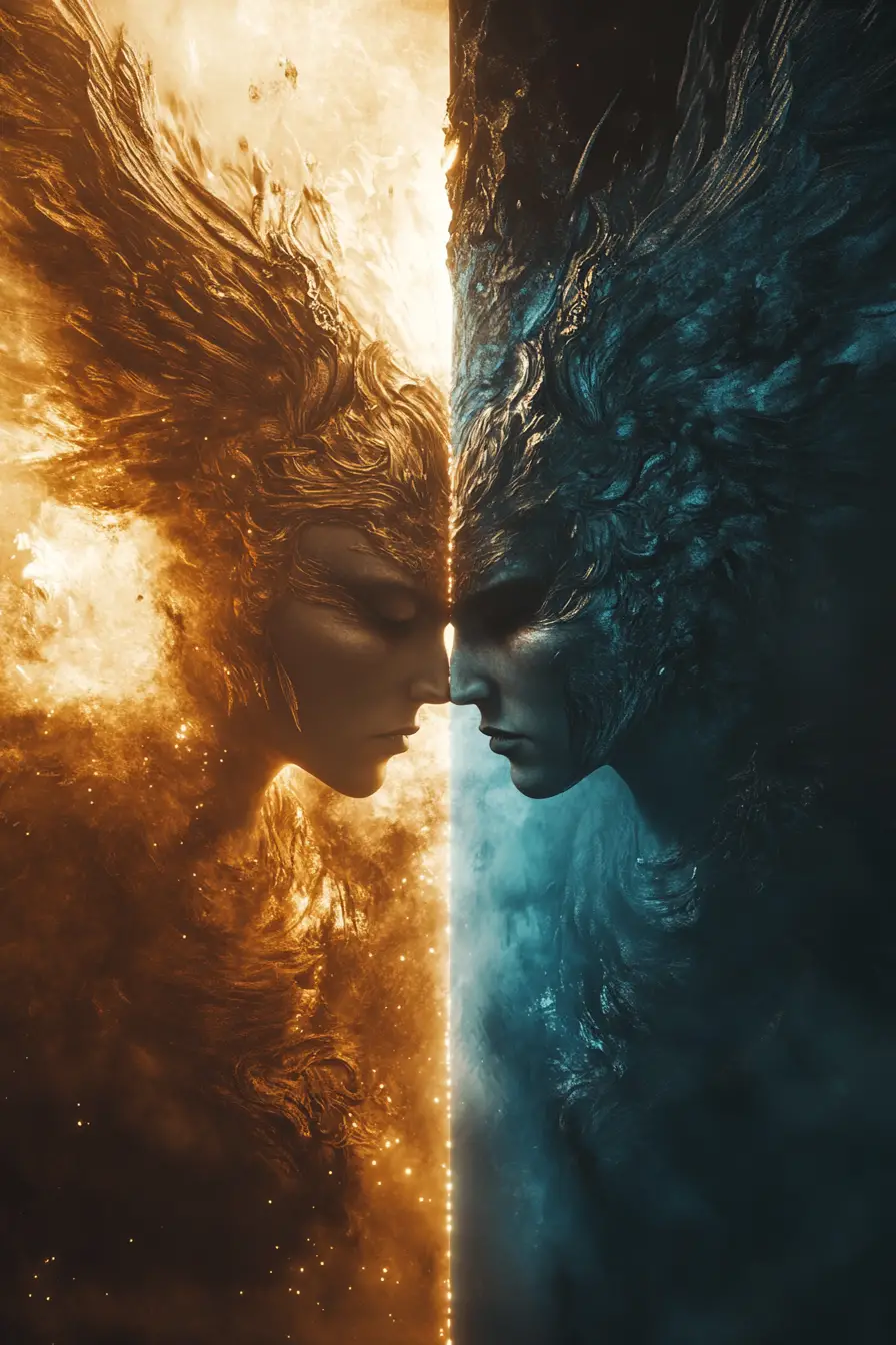 Engel-Dämon-Hybrid in einer surreal geteilten Fantasywelt