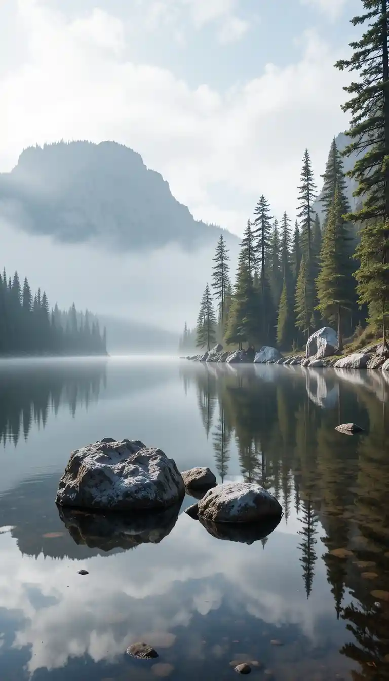 Nebliger Bergsee mit zerklüfteten Felsen und hohen Kiefern