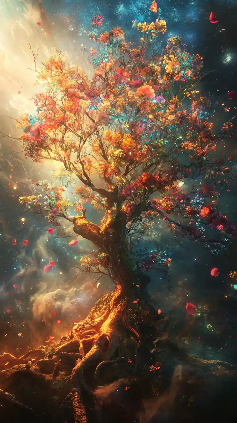 Verdorrter Baum, der in farbenprächtigen Blüten im weichen Sonnenlicht erstrahlt
