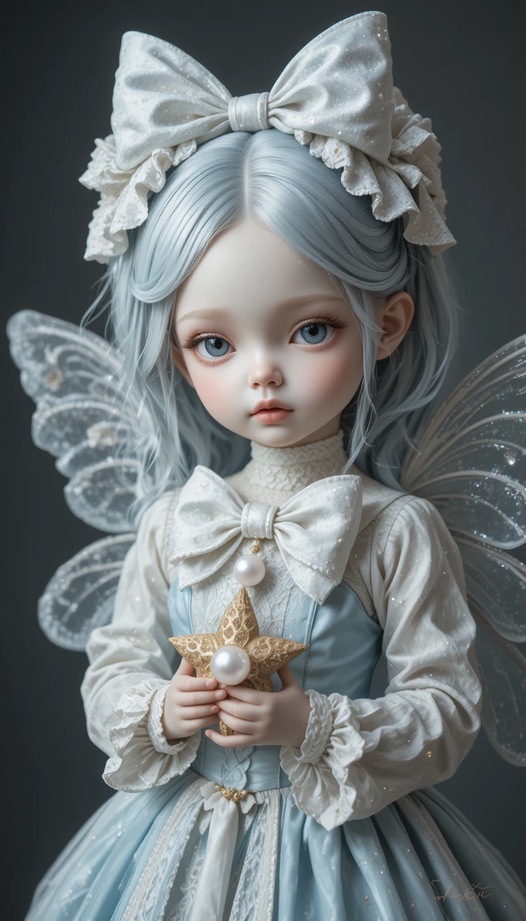 Porcelain doll with wings holding a star against dark background