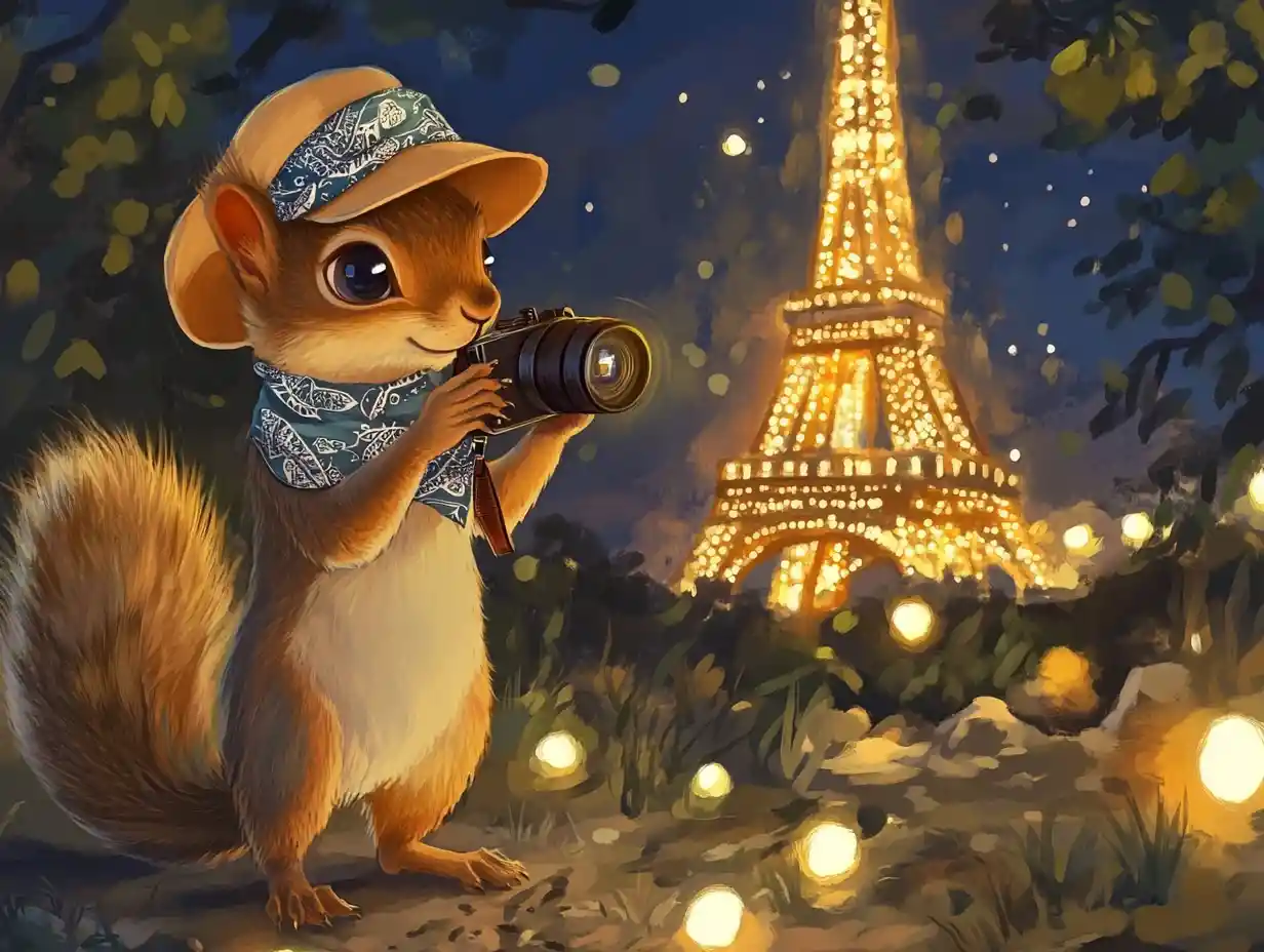 Cute squirrel photographer in Paris at night by the tower