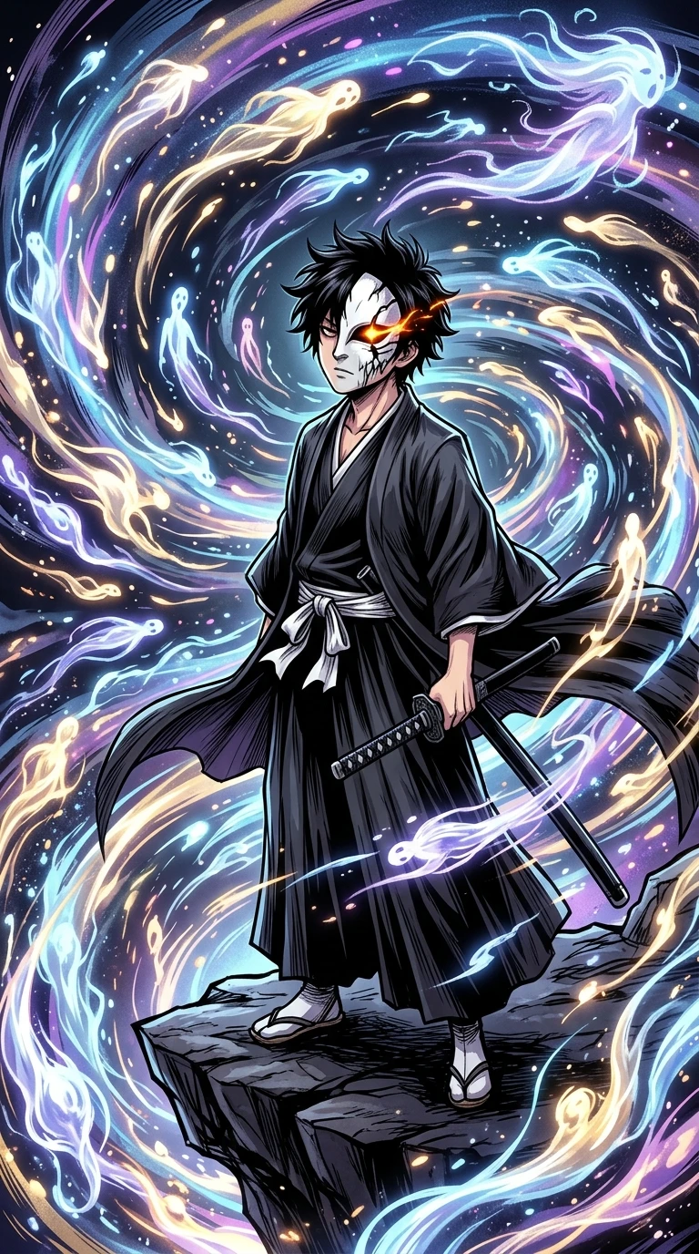 Anime soul reaper boy amid swirling spirits and vortex