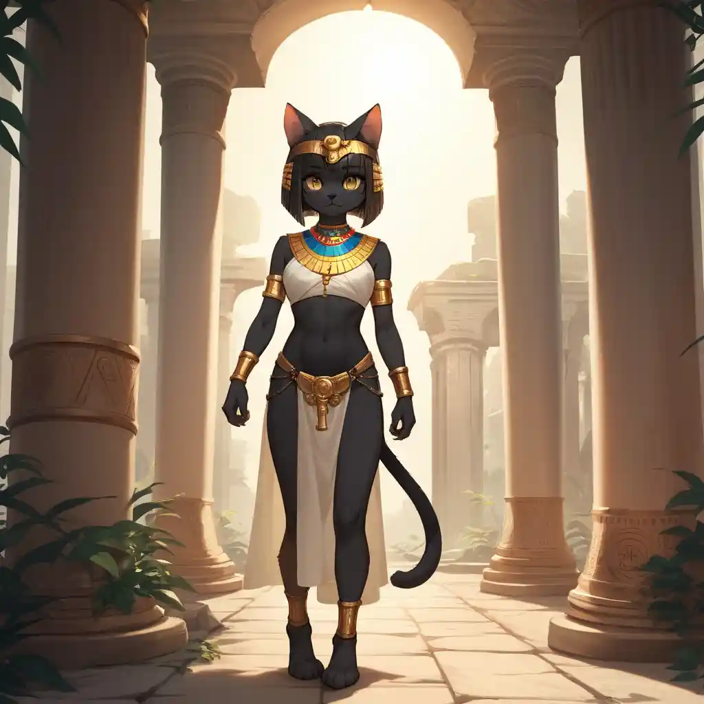 Anthro feline girl in Egyptian style among sunlit ruins