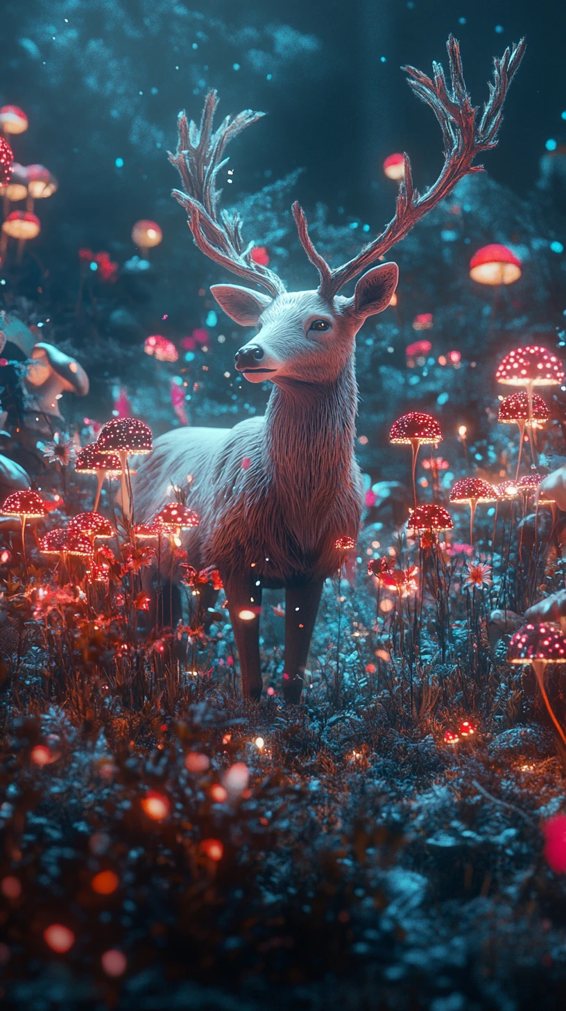 Deer In Split Fantasy World Of Flowers And Glowing Mushrooms