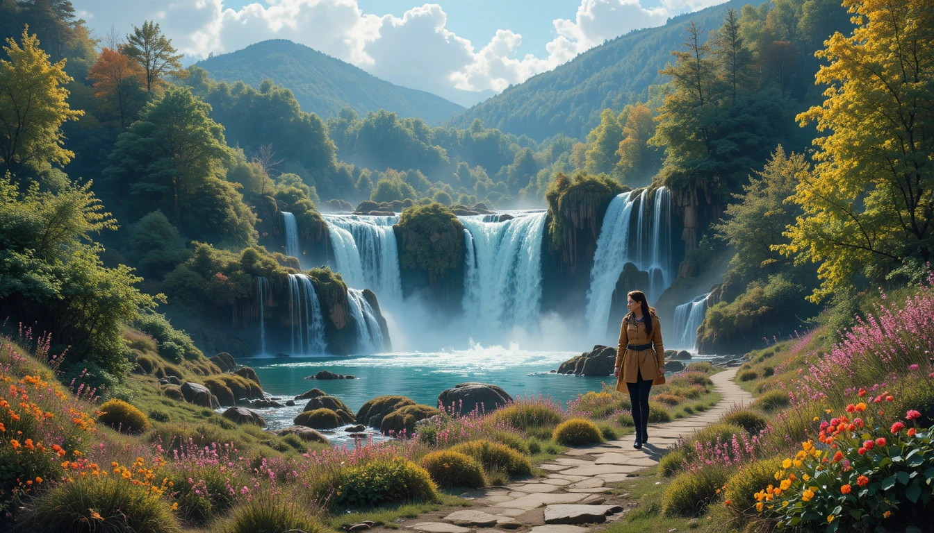 Escursionista sorridente vicino a cascate ad acquerello neon nella foresta