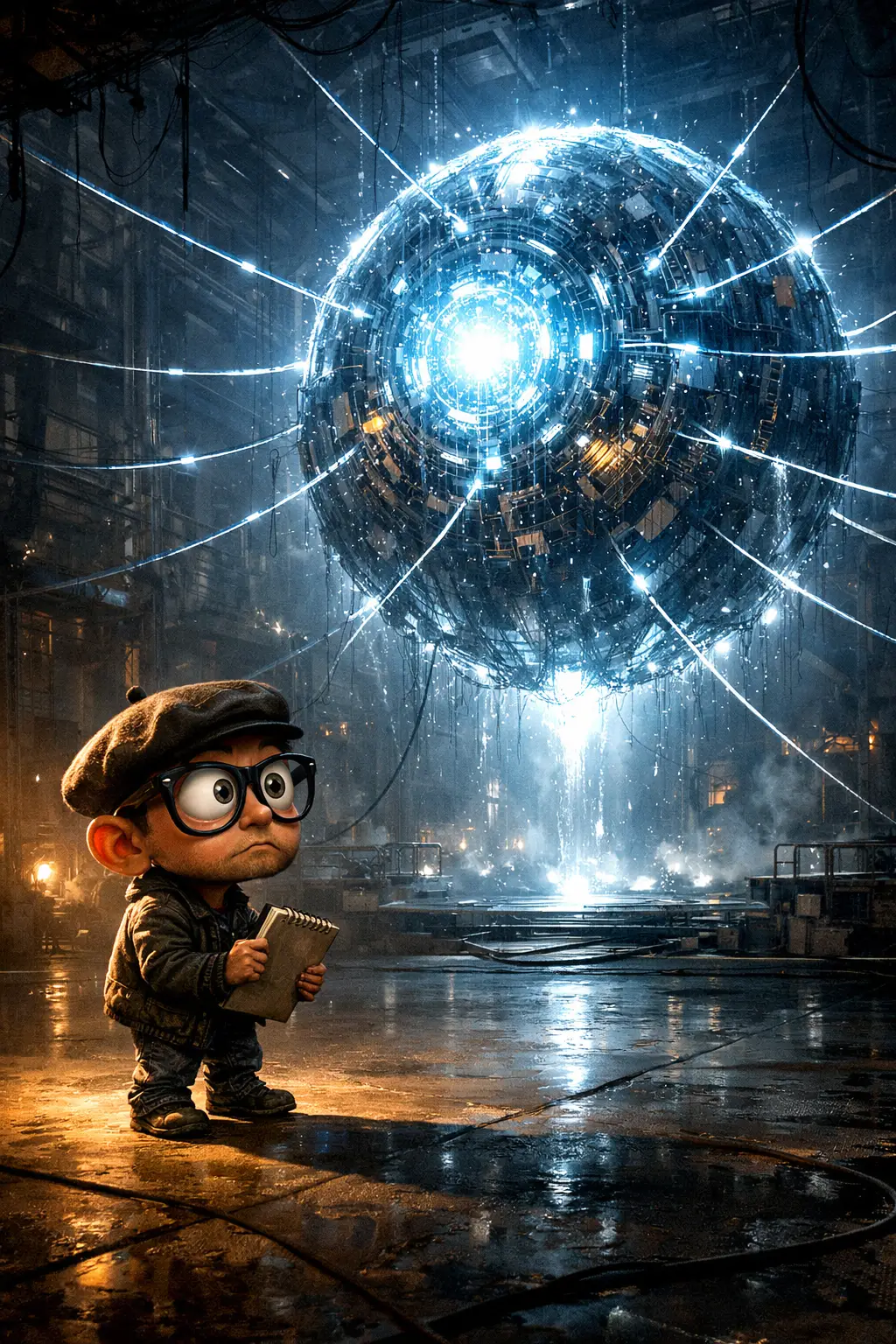 Artista cauto osserva un nucleo di IA luminoso e contenuto