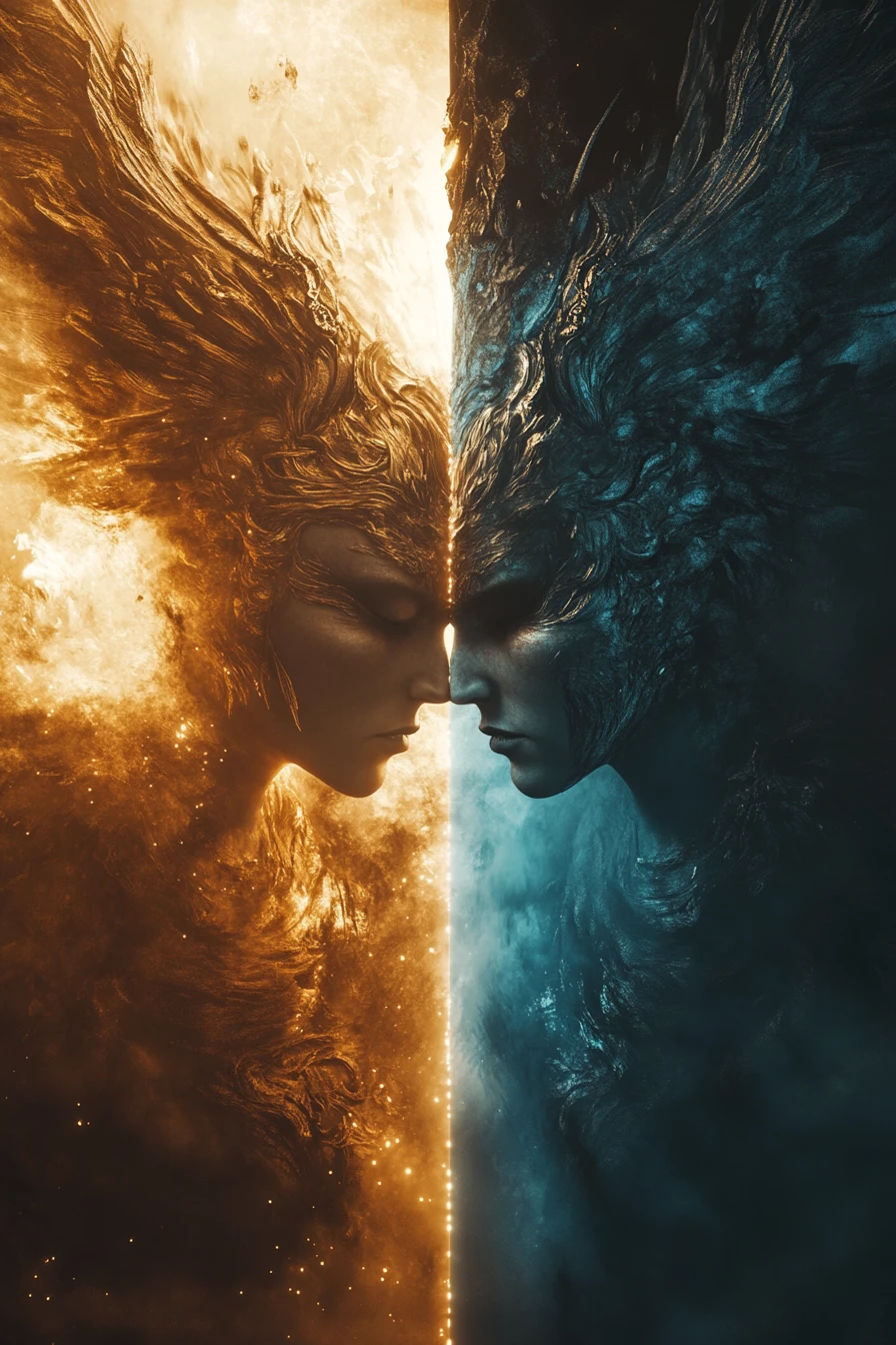 Angel and demon hybrid in a surreal split fantasy world