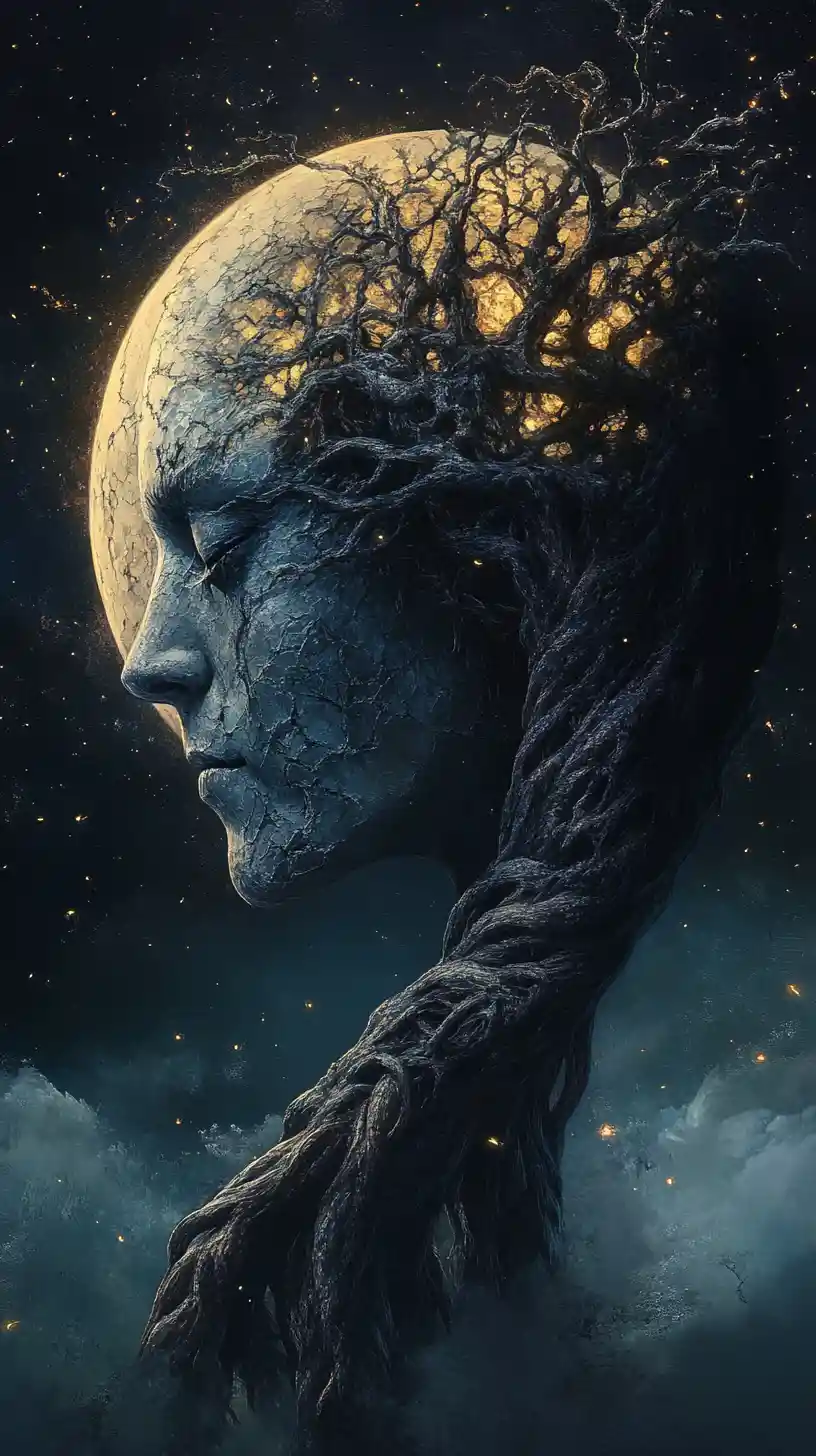Volto di luna crescente fuso con un antico albero contorto