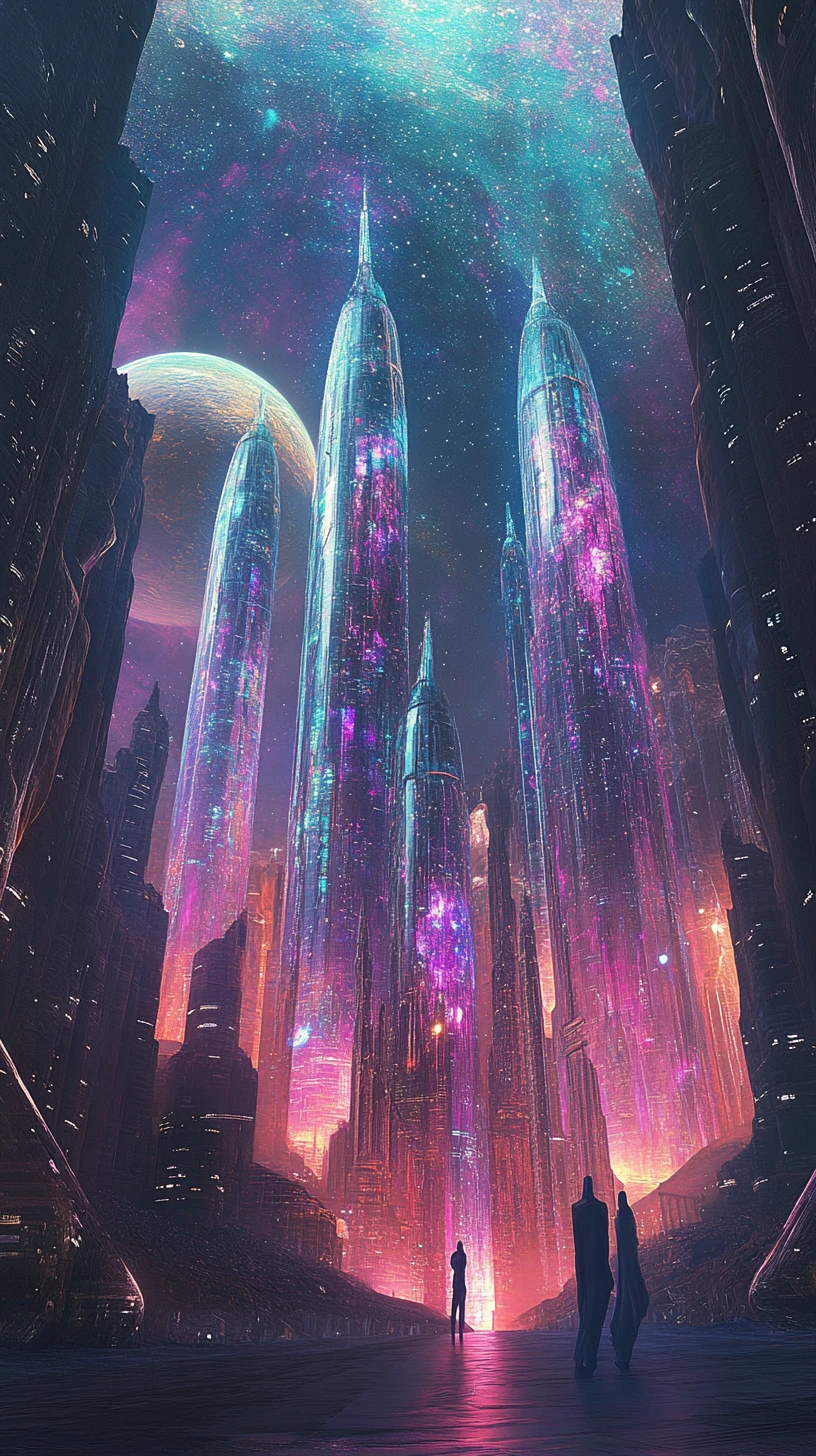 Futuristic city of iridescent skyscrapers under cosmic starlight