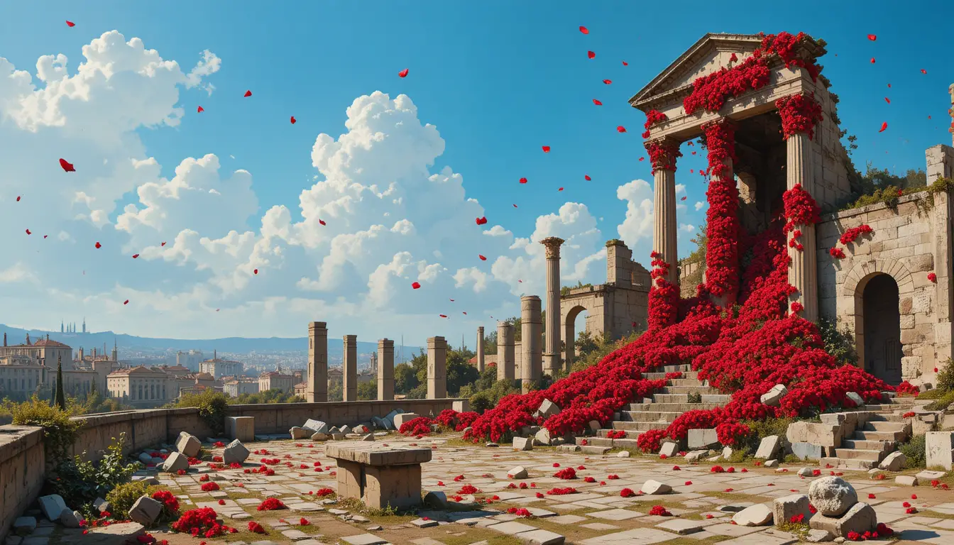 Ancient Roman ruins with crumbling stone building and debris