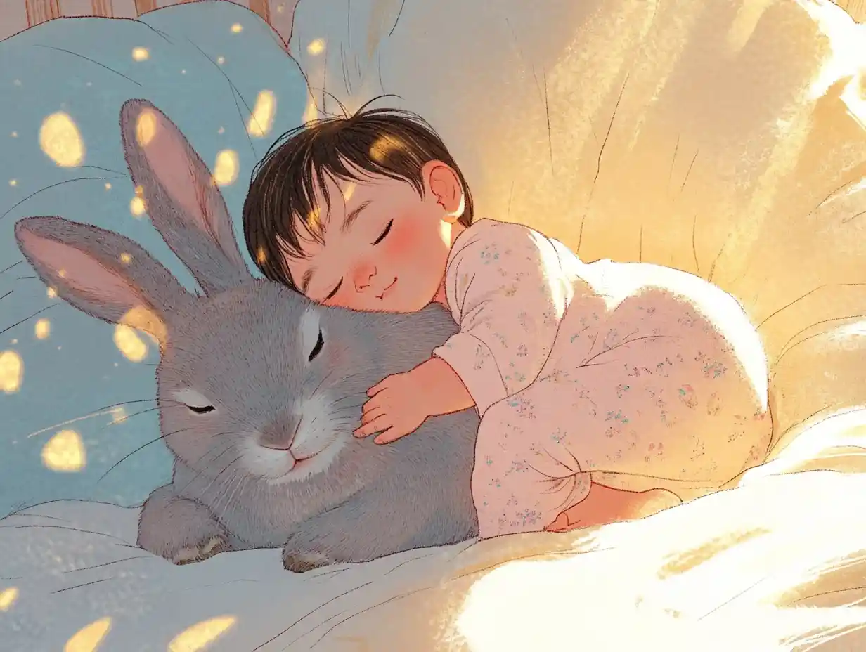 Sleeping baby cuddling a rabbit in a cozy bedroom