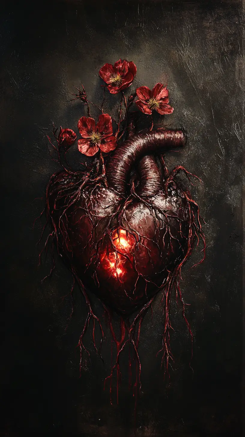 Corazón anatómico surreal entrelazado con formas botánicas carmesí oscuro
