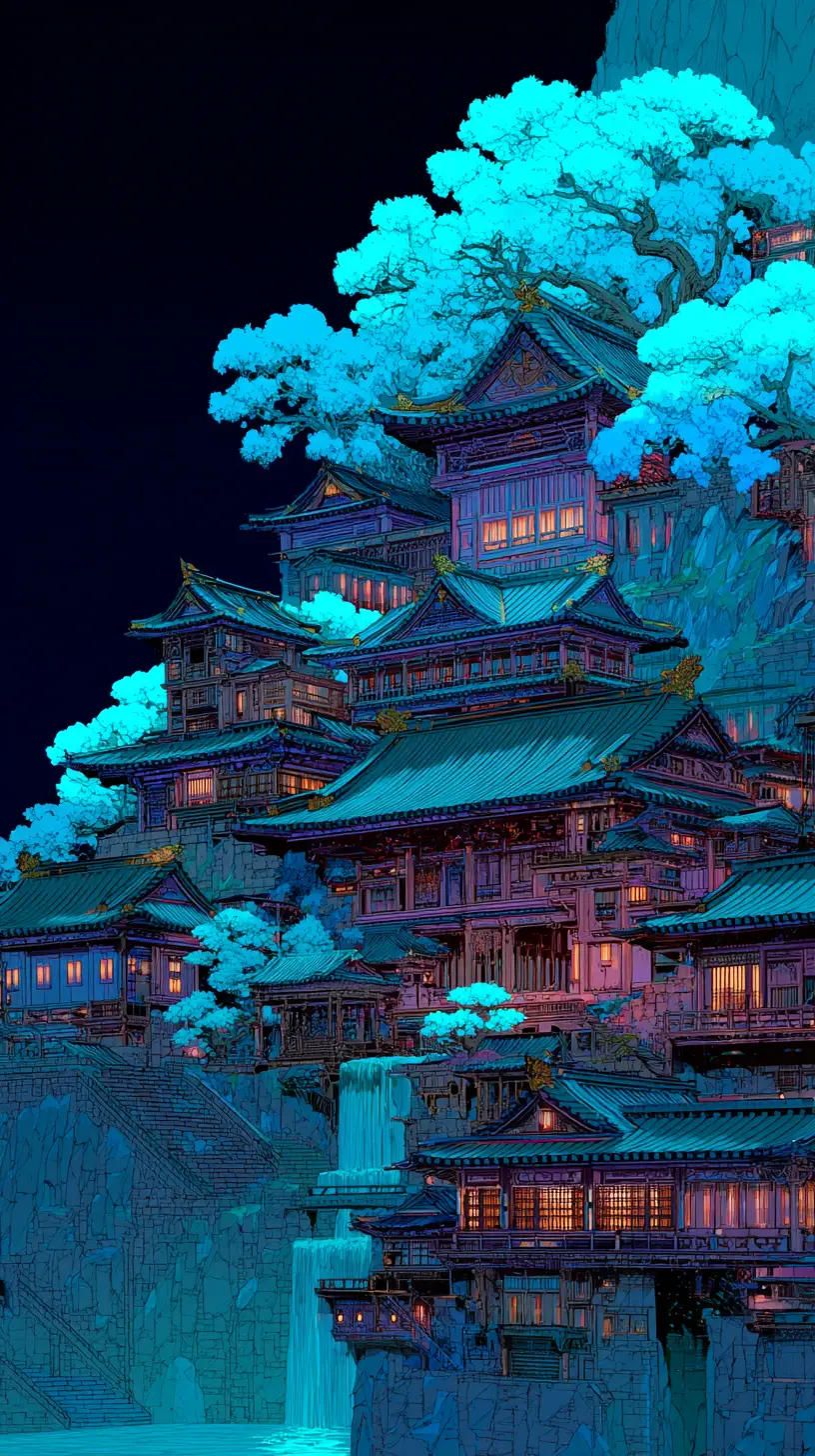 Cliffside pagoda city with glowing waterfalls at night
