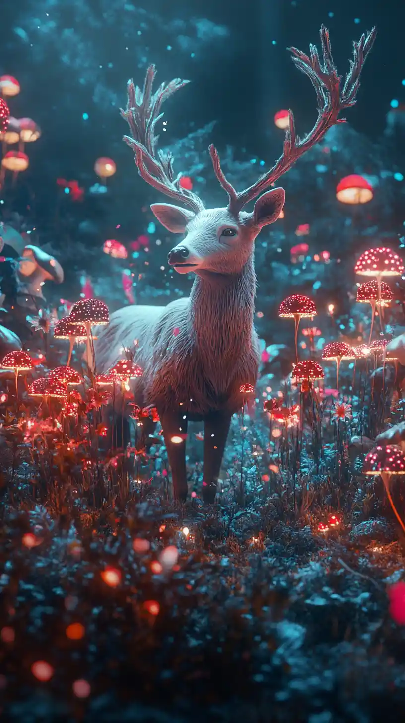 Deer In Split Fantasy World Of Flowers And Glowing Mushrooms