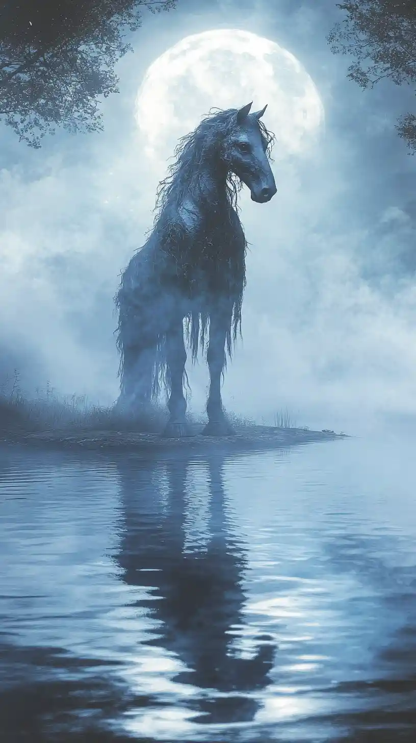 Mystical water spirit kelpie by a moonlit Scottish lake