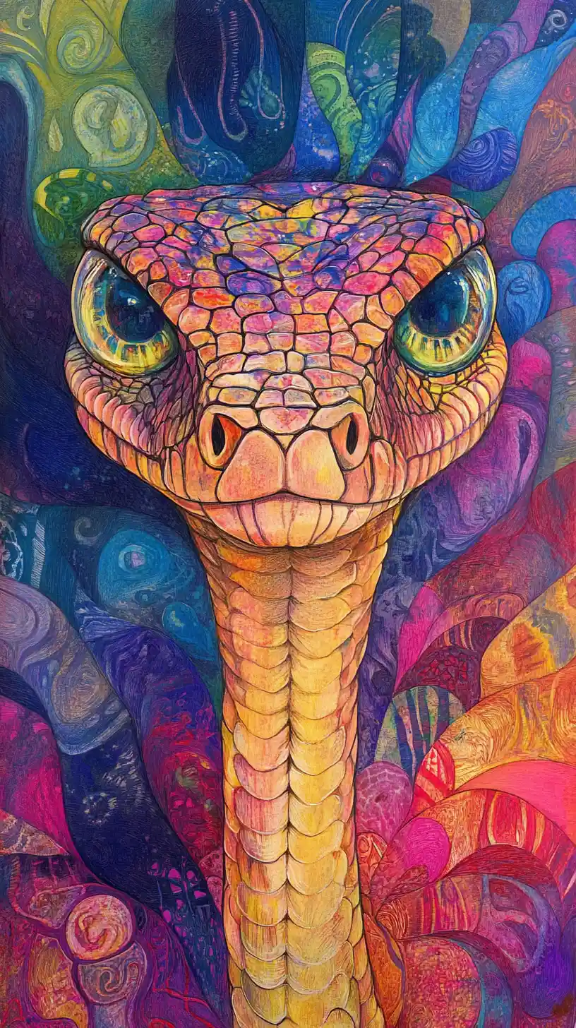 Psychedelische Schlange mit hypnotischen Augen in abstrakten Farbwirbeln
