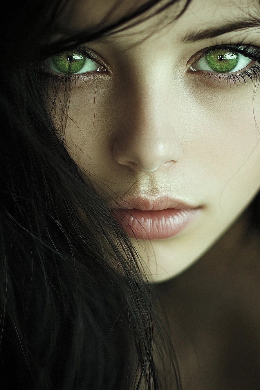 Dark haired green eyed girl like a queen at night