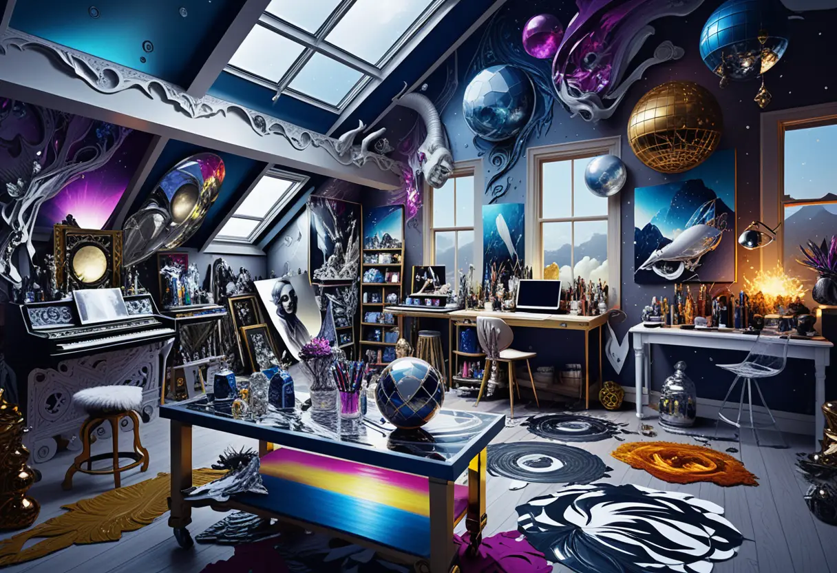 Solar punk loft studio with central canvas and crystals