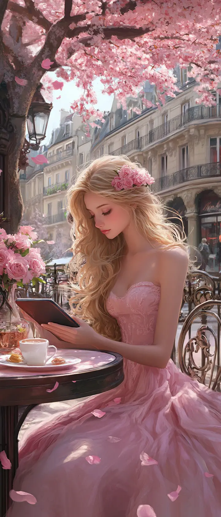 Young woman reading at a romantic Paris street cafe