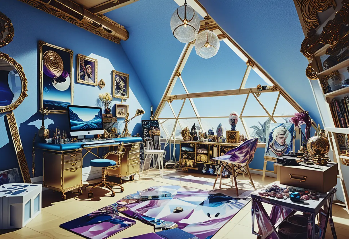 Solar punk loft studio with central canvas and crystals