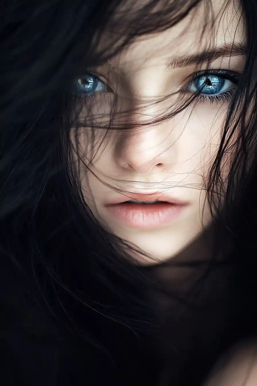 Bellezza dagli occhi azzurri e capelli neri come l’ebano nelle ombre della notte