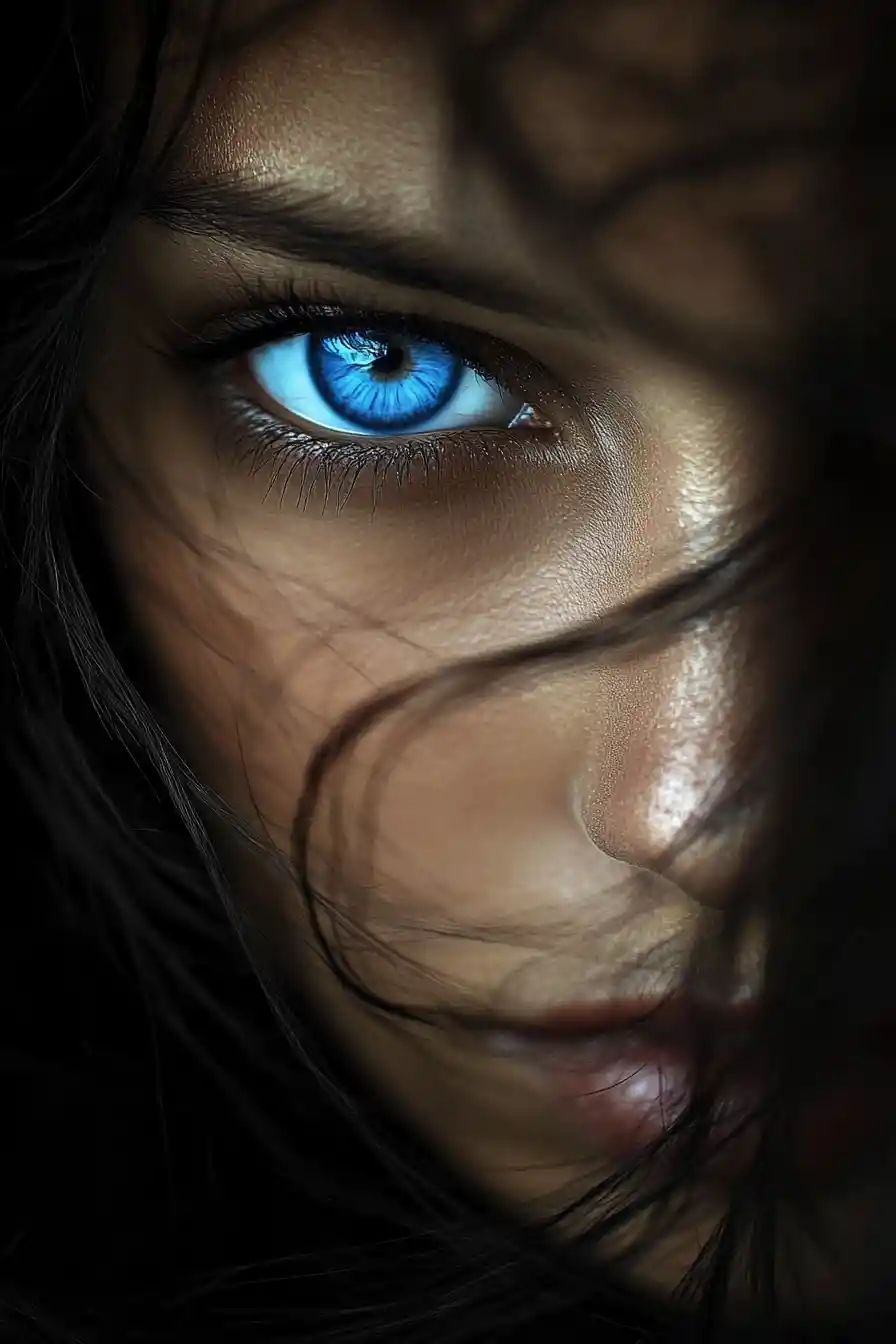 Beautiful dark haired girl with bright blue shining eyes