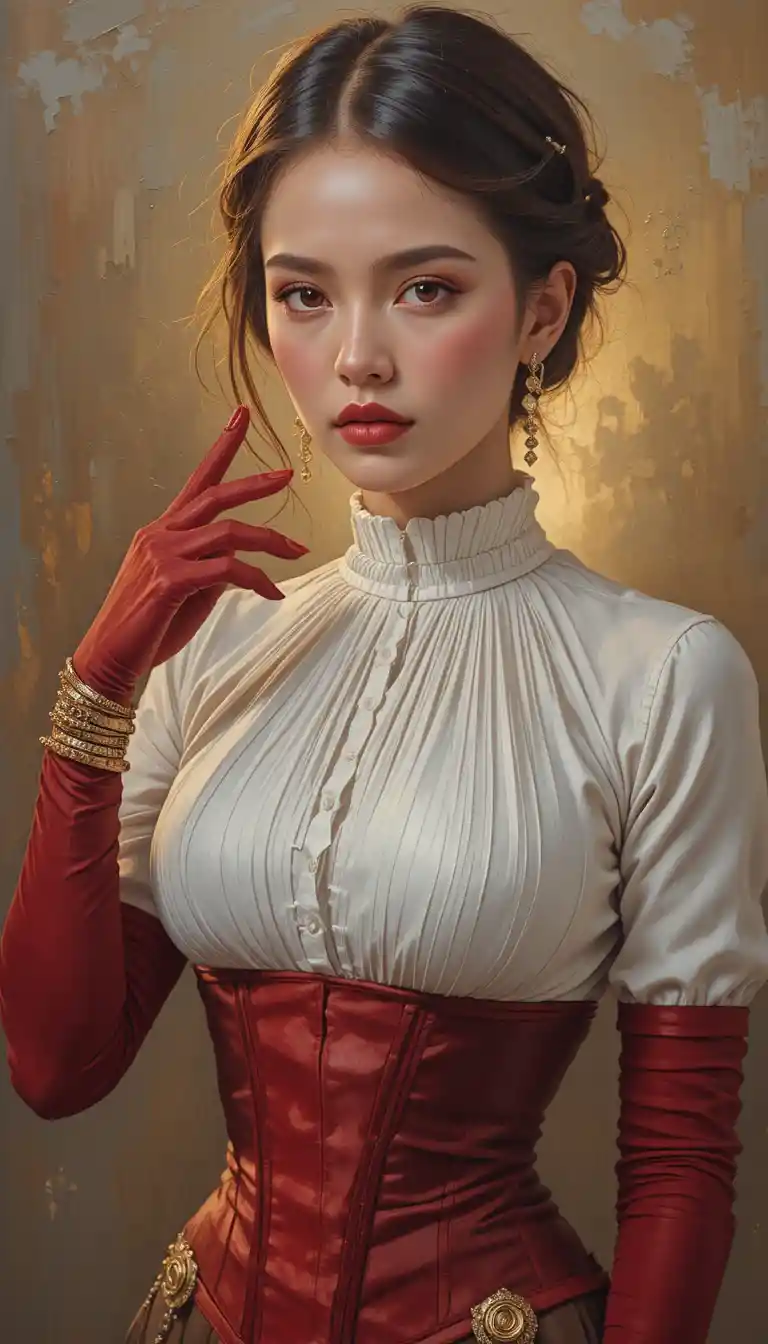 Mulher elegante em espartilho vermelho com iluminação dramática da hora dourada