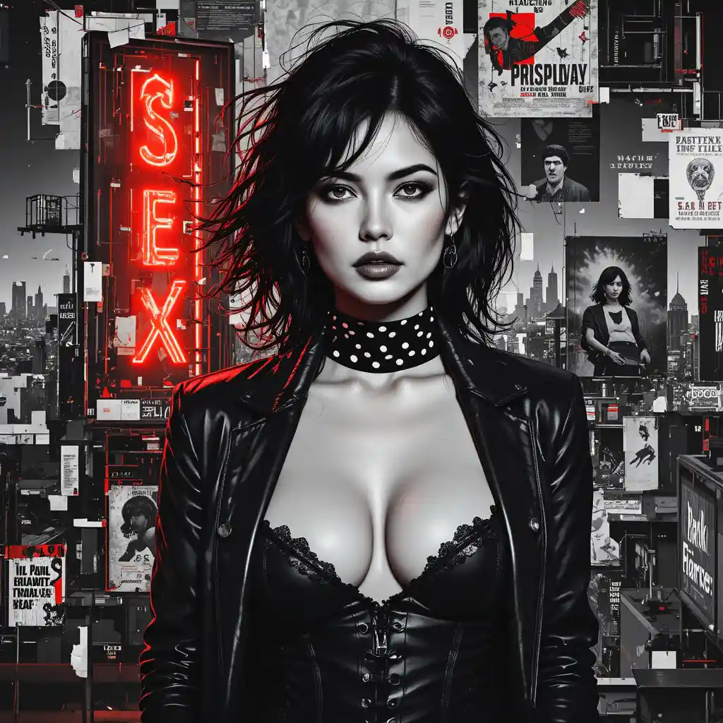Dystopian cyber noir close up of a femme fatale billboard