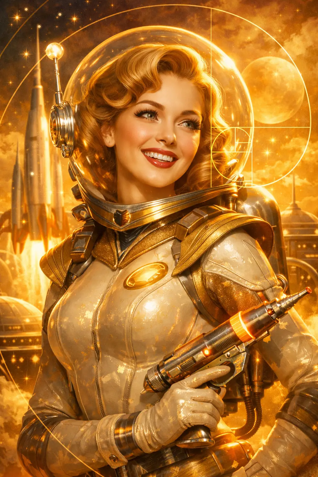Eroina retro futuristica che sorride in una calda luce dorata